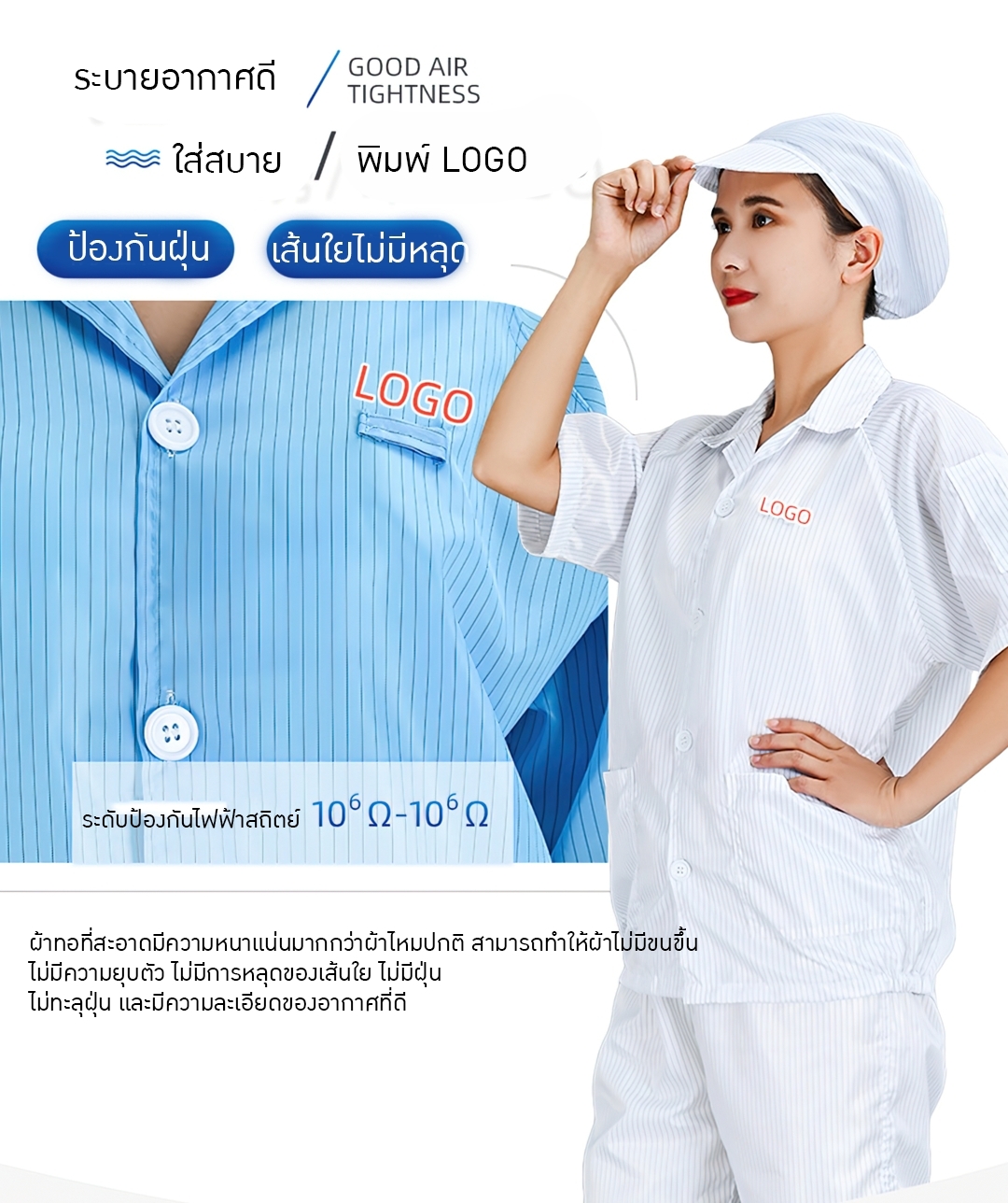 BRT-010 เสื้อแขนสั้น+ฟรีหมวก!!! ป้องกันไฟฟ้าสถิตย์ Polyester fabric + conductive fiber