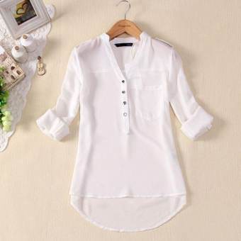 เสื้อเชิ้ตผ้าชีฟองแขนยาว คอวี สีขาว