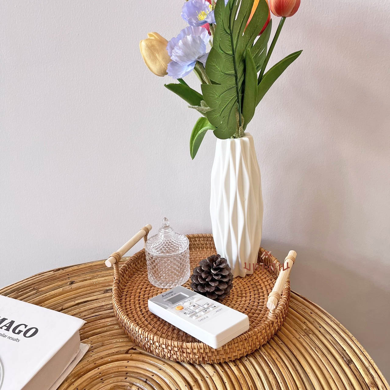 ถาดหวาย กระจาดสานหวาย ทรงกลม มีหูหิ้ว rattan tray🤎