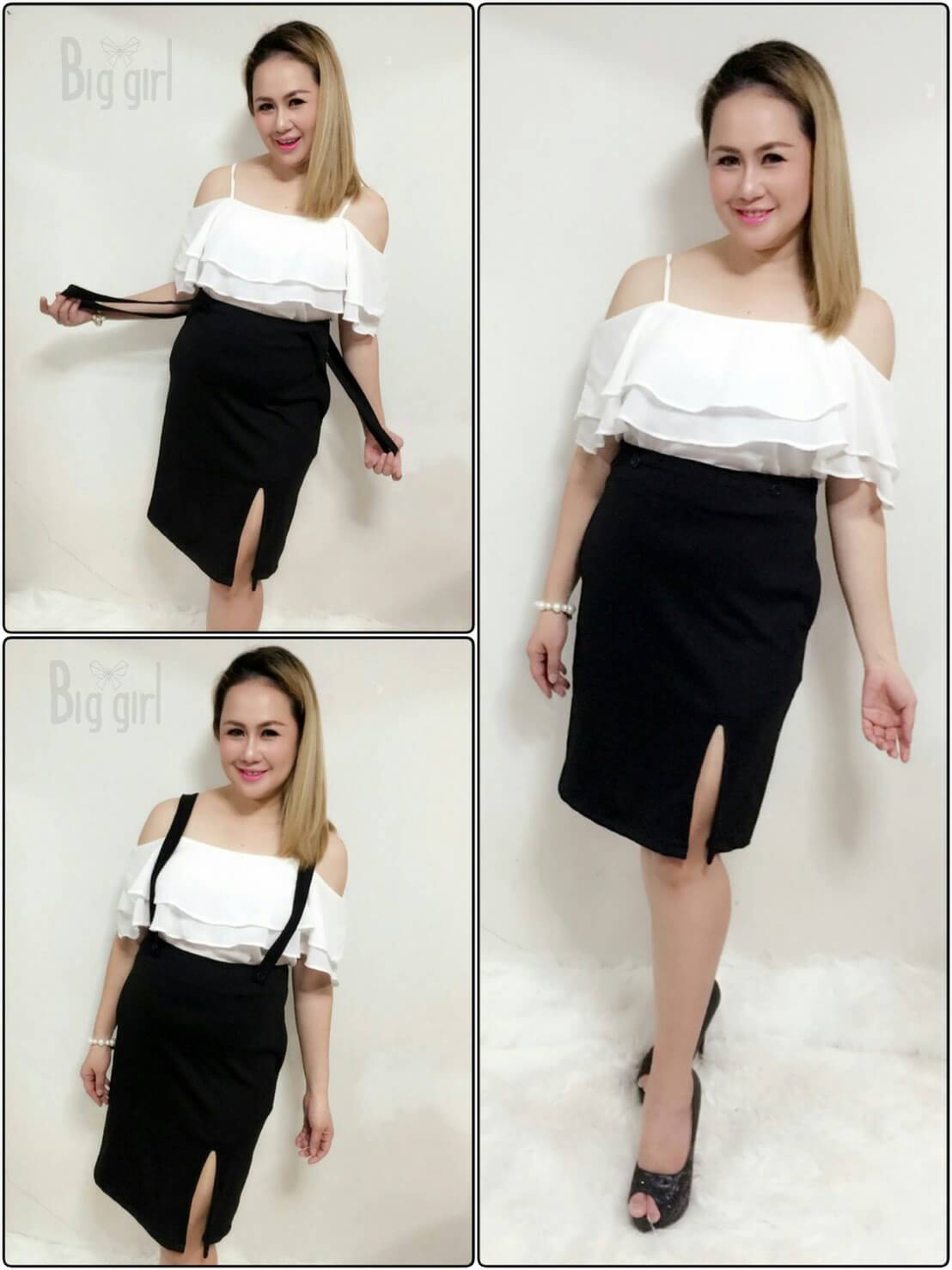 ชุดเซ็ทเสื้อสายเดี่ยวระบาย+เอี้ยมกระโปรงผ่าหน้า สำหรับสาวอวบ