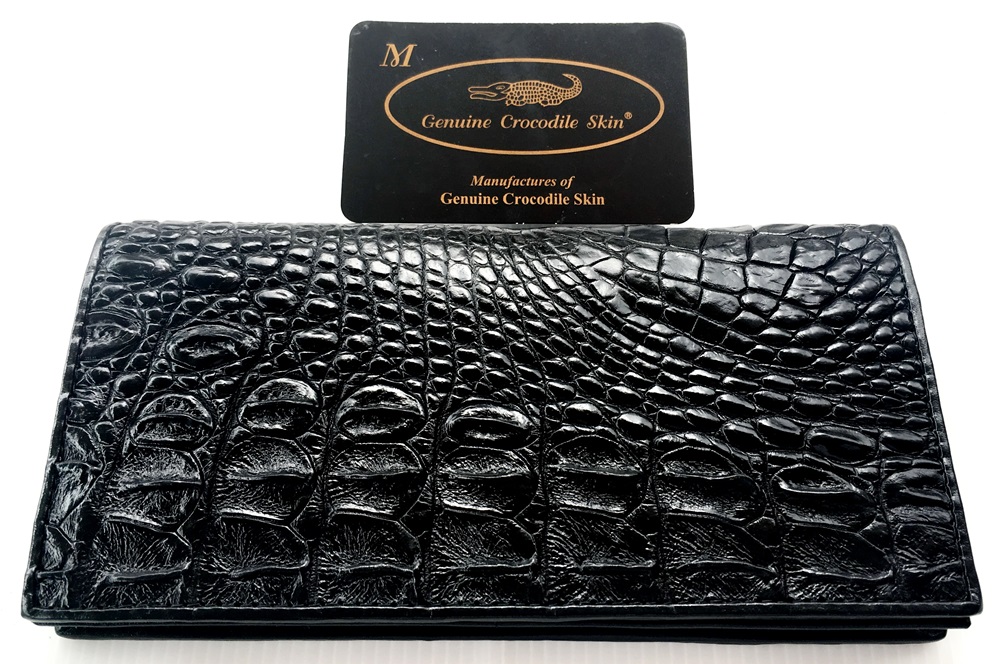 กระเป๋าสตางค์หนังจระเข้แท้ 2พับยาว ส่วนกระดูก สีดำ