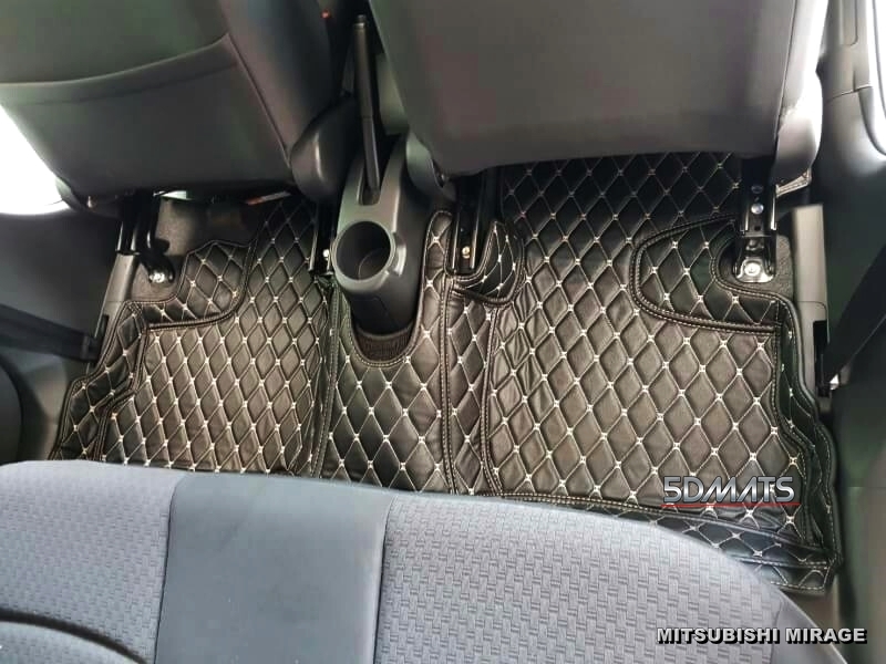 พรมปูพื้นรถยนต์6D หนาพิเศษ MIRAGE หนังสีดำด้ายครีม 3ชิ้น