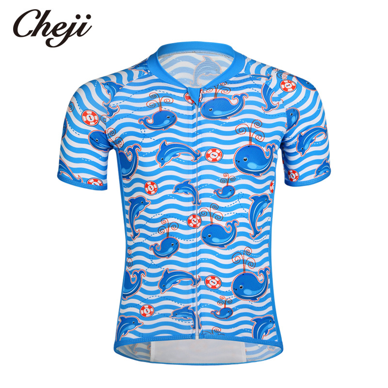 ชุดจักรยานเด็กแขนสั้นขาสั้น CheJi 19 (04) สีฟ้าลายวาฬ