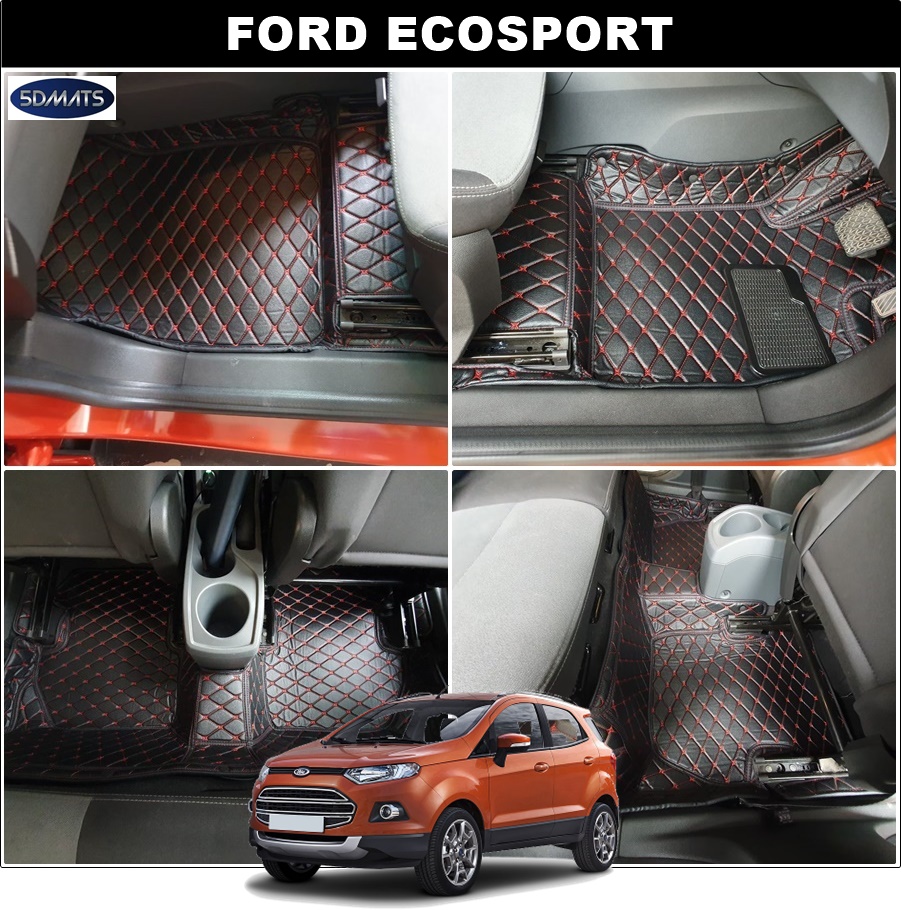 พรมปูพื้นรถยนต์FORD ECOSPORT พรม6D หนังPVCแท้ สีดำด้ายแดง เต็มคัน (3ชิ้น) st