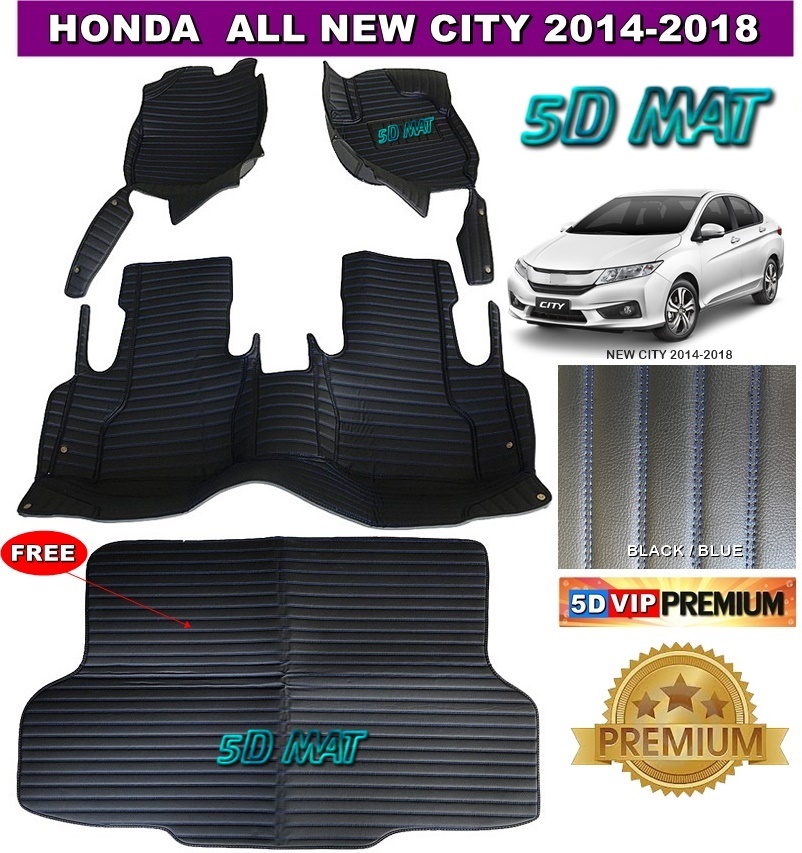 พรมปูพื้นรถยนต์ 5D HONDA CITY 2014-2019 สีดำด้ายน้ำเงิน เต็มคัน 3ชิ้น