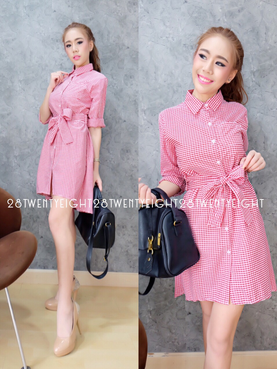 เดรสเชิ้ตแขนยาวลายสก๊อตกระดุมหน้า
