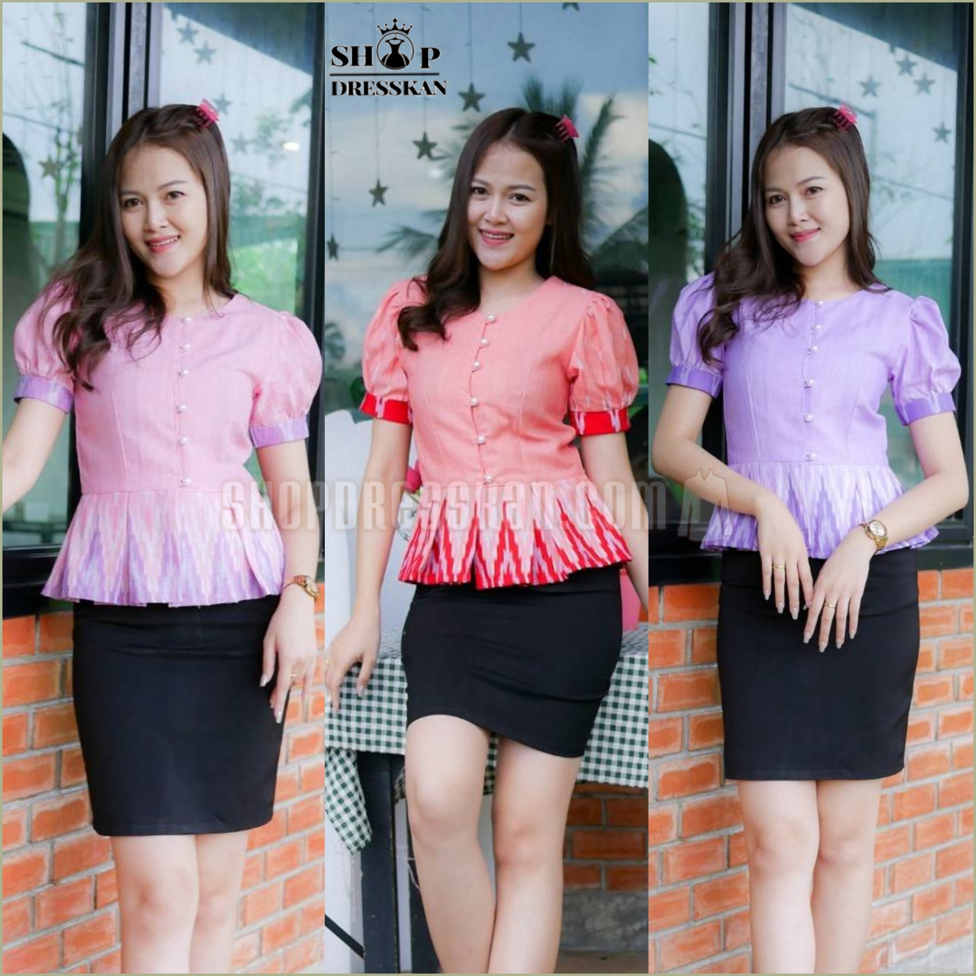 👚พร้อมส่ง : [ S-M-L-XL-2XL-3XL ] :: เสื้อผ้าฝ้ายทอเปลือกไม้พิมพ์ลายไทยมัดหมี่ แขนตุ๊กตา กระดุมมุก เอวระบาย จะใส่แมทกับกระโปรงหรือกางเกง ก็ดูสวย