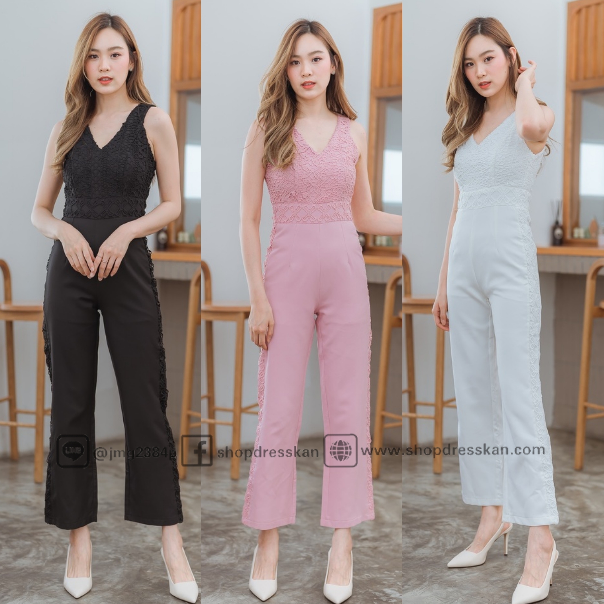 ⭐งานคุณภาพพร้อมส่ง [S-M-L-XL-2XL] : จั้มสูทยาวตัวเสื้อลูกไม้แขนกุด ตัดต่อกางเกงทรงขายาวไม่รั้งเป้า ซิปซ่อนหลัง ผ้าเนื้อดีสวมใส่สบาย ตัวเดียวสวยจบ ใส่สวยได้หลายโอกาส