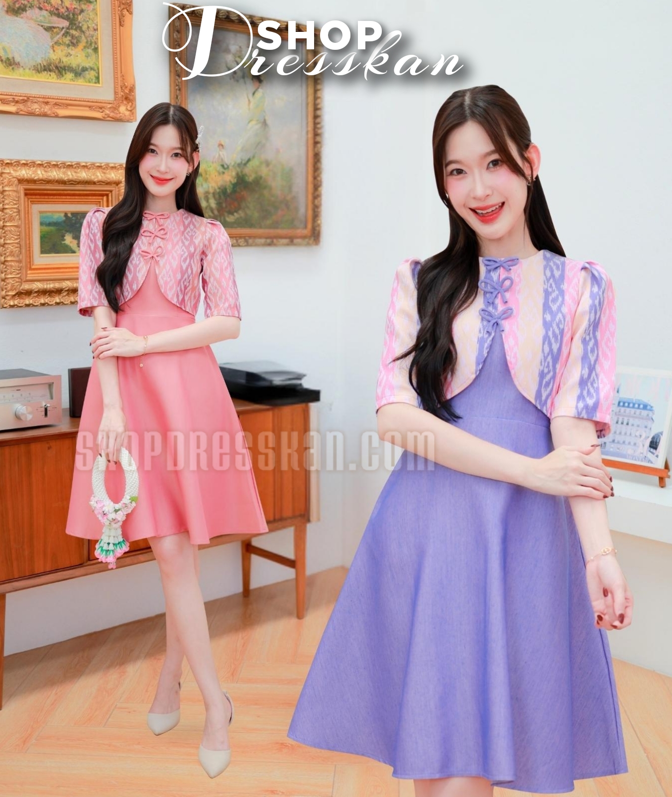 ❌หมดทุกสีทุกไซส์ค่ะ❌⭐ชุดเดรสผ้าไทยงานป้ายคุณภาพ [ S-M-L-XL-2XL] :: ชุดเดรสผ้าไทย ตัดแต่งสไตล์กั๊ก แขนศอก กระโปรงทรงบานพริ้วสวย ซิปซ่อนหลัง ผ้าเนื้อดีสวมใส่สบาย ใส่ทำงาน ใส่ออกงานสวยๆ