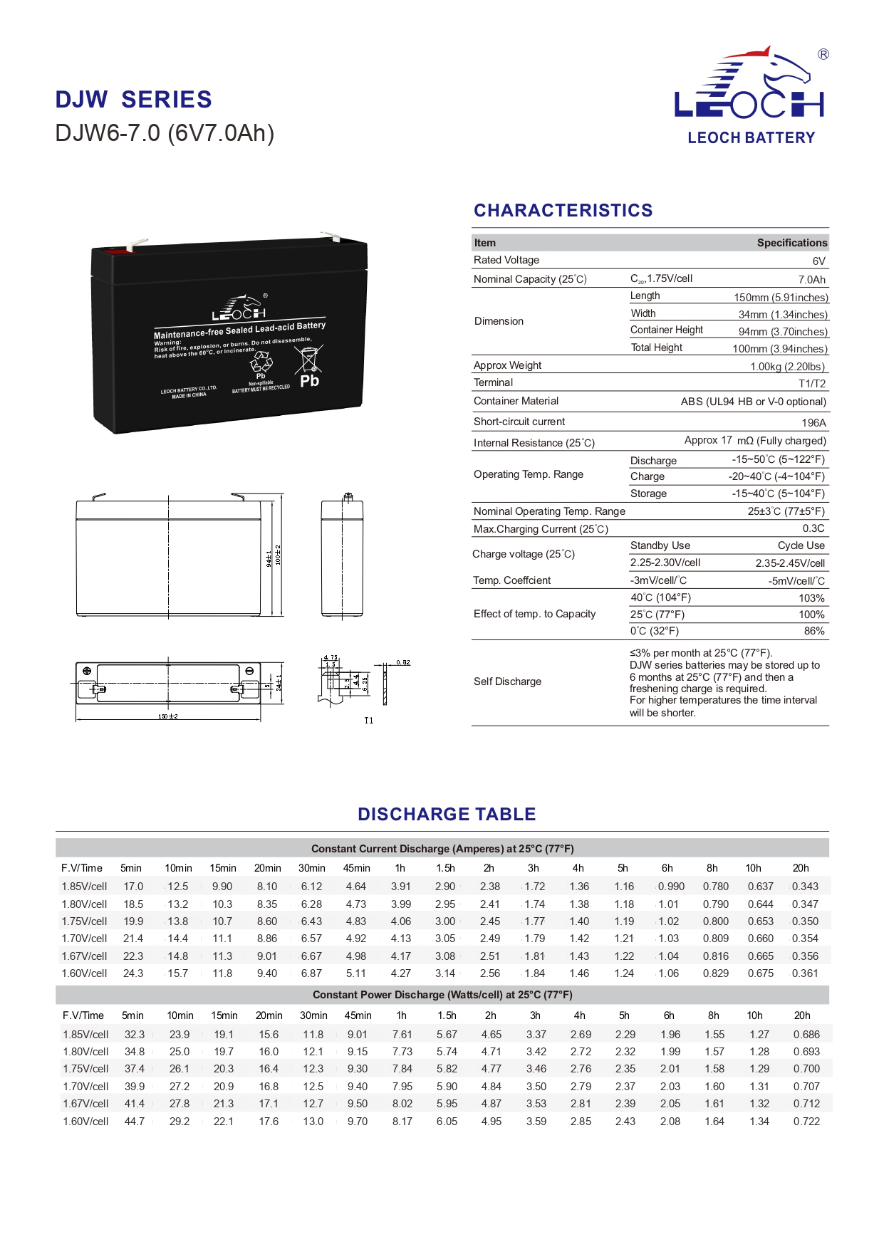 Leoch Battery DJW6-7.0 (6V7.0AH) แบตเตอรี่แห้ง VRLA (แบตแห้ง)