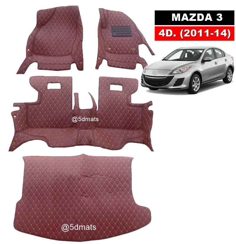 พรมปูพื้นรถยนต์ 6D MAZDA 3 4Dr. (ปี2011-14) พรม6D QJ VIP หนาพิเศษ สีไวน์แดง รวมแผ่นท้าย เต็มคัน 4ชิ้น
