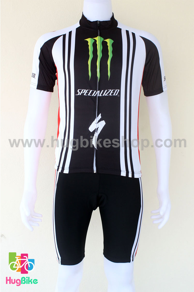 ชุดจักรยานแขนสั้นทีม Specialized 16 (15) สีดำขาวลาย Monster (เป้าฟองน้ำ CoolMax)