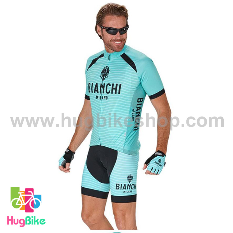 ชุดจักรยานแขนสั้นทีม Bianchi 17 (09) สีเขียวดำลาย กางเกงเอี๊ยม