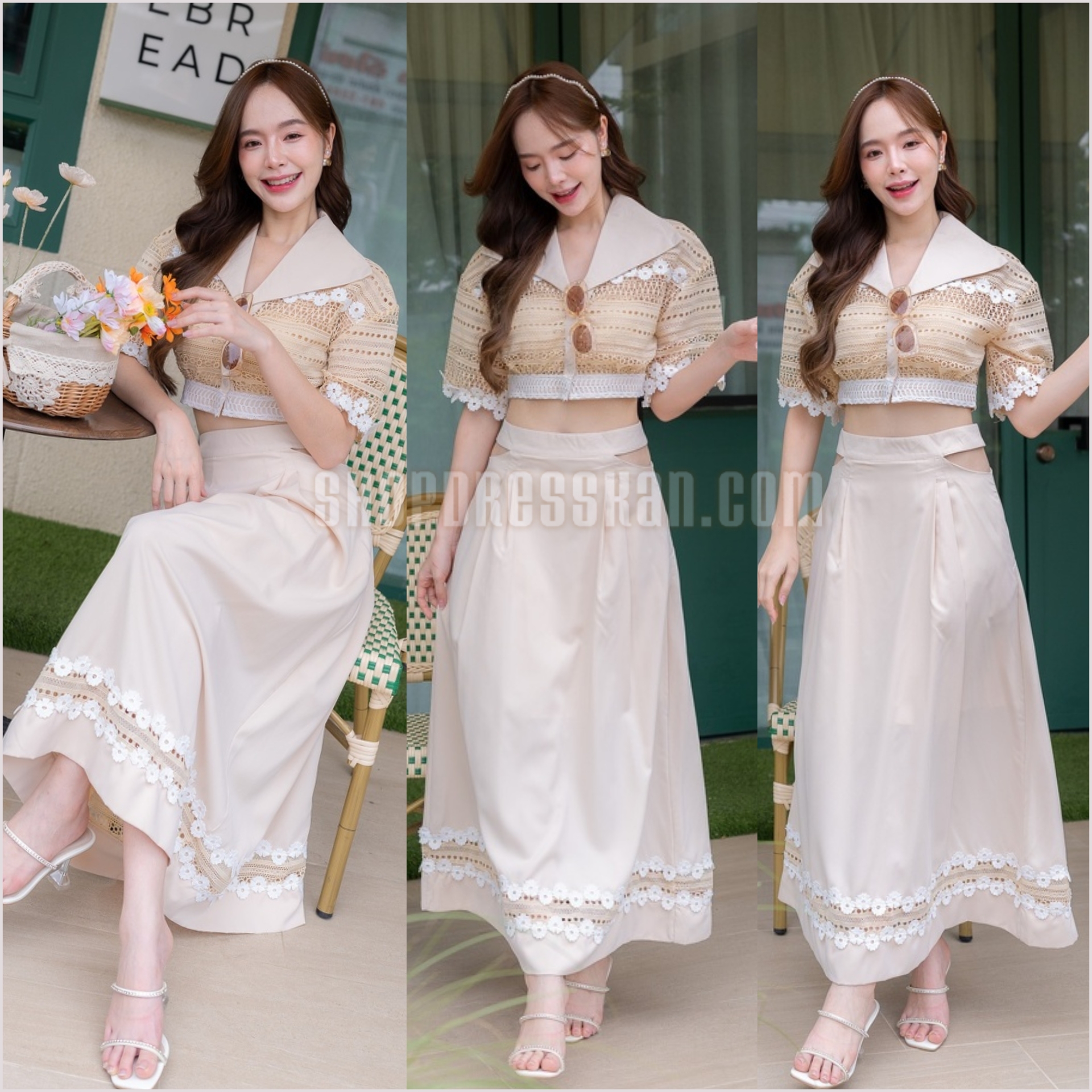 งานป้ายคุณภาพ⭐มีพร้อมส่ง[ S-M-L-XL ] :: ชุดเซ็ต 2 ชิ้น เสื้อครอปลูกไม้ตาข่าย แมทซ์เข้ากับกระโปรงทรงยาวพริ้วสวย ซิปซ่อนหลัง บุซับใน ใส่เที่ยว ใส่ออกงานสวยๆ