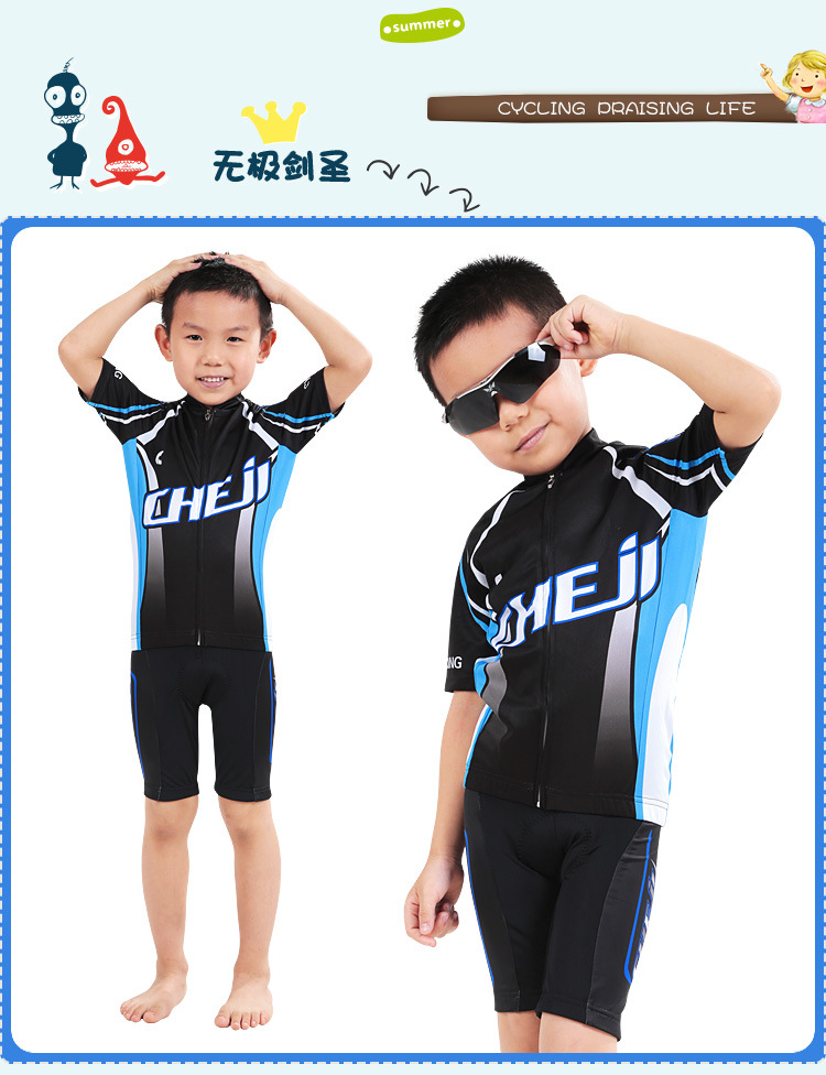ชุดจักรยานเด็กแขนสั้นขาสั้น CheJi (01) สีดำฟ้า
