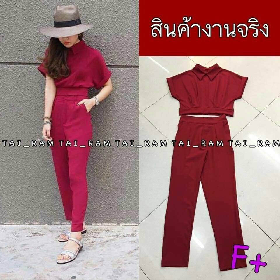Set 2ชิ้น ผ้านิ่มๆสวยมาก เสื้อครอปจั้มเอว คอปก แขนเบิ้ล ทรงสวยมว้าก พร้อมกางเกงขายาว เอวยืดสม๊อคหลัง