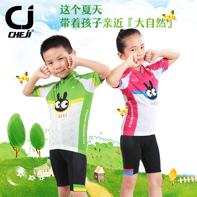 ชุดจักรยานเด็กแขนสั้นขาสั้น CheJi (07) สีเขียวขาวลายกระต่าย