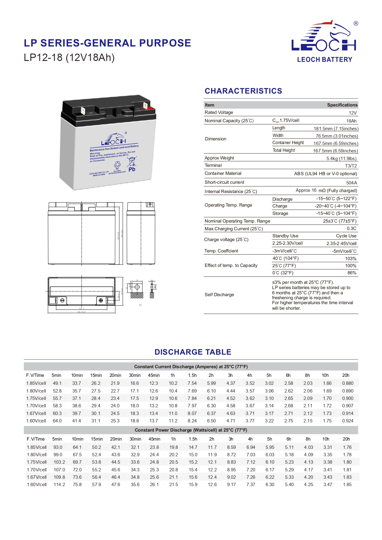 Leoch Battery LP12-18 (12V18AH) แบตเตอรี่แห้ง VRLA (แบตแห้ง)