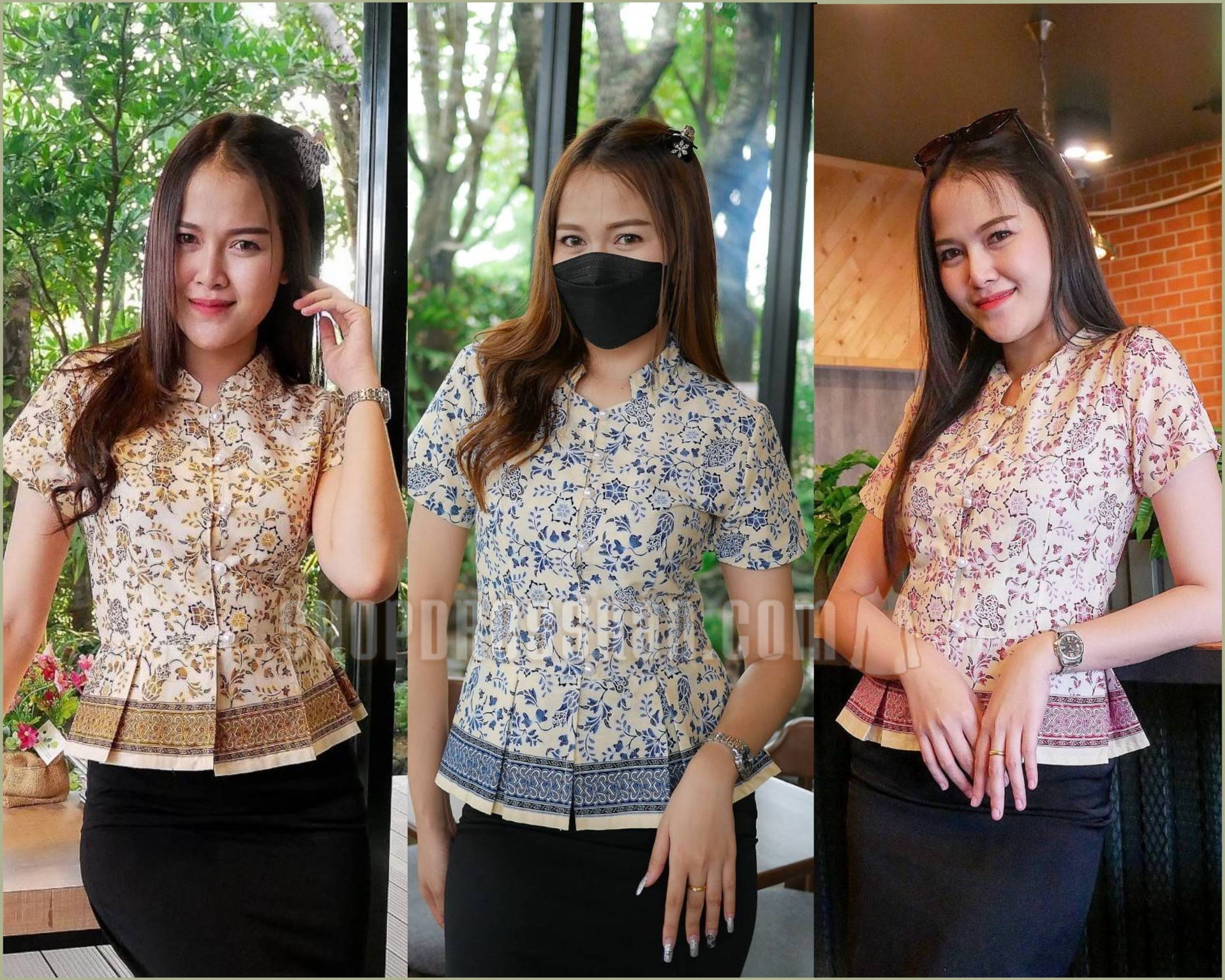 ❌หมดทุกสีทุกไซส์ค่ะ❌ [ S-M-L-XL-2XL-3XL ] :: เสื้อผ้าปาเต๊ะ ลายดอกสิงคโปร์ ดีเทลคอจีน กระดุมมุก เอวระบาย แบบสวยน่ารัก จะใส่แมทกับกระโปรงหรือกางเกง ก็ดูสวย