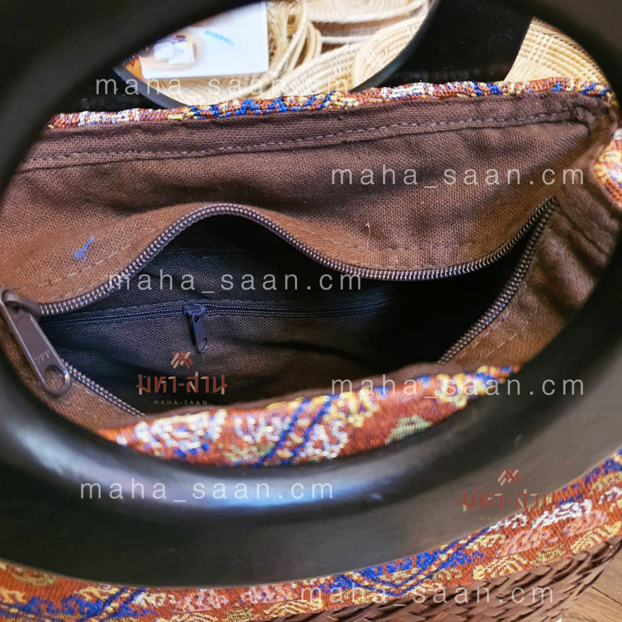 กระเป๋ากระจูด ผ้าไทย หูไม้ ทรงถือ คล้องแขน คุณนาย 👜