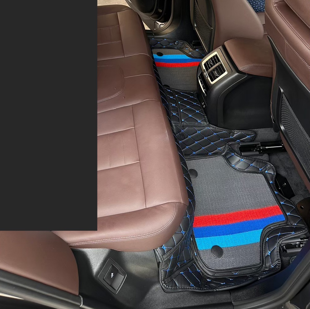 พรมปูพื้นรถยนต์ 7D BMW IX3 พรม7D บีเอ็มดับเบิลยู XPEแบบหนา เสริมใยดักฝุ่น สีดำด้ายฟ้า เข้ารูป เต็มคัน