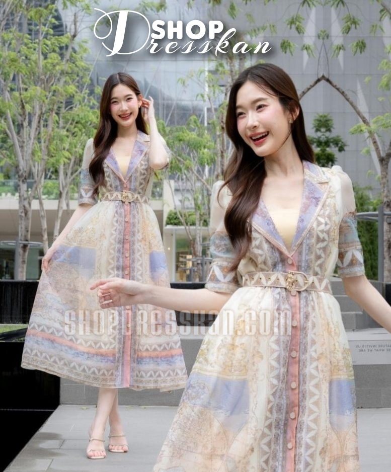 ❌หมดทุกไซส์ค่ะ❌ชุดเดรสแฟชั่นยาวงานป้ายคุณภาพ⭐[ S-M-L-XL] :: ชุดเดรสยาวผ้าพิมพ์ลายกราฟฟิค แขนสามส่วน คอปกสูทกระดุมหน้า บุซับใน ผ้าเนื้อเกรดดี สวมใส่สบาย ใส่สวยได้หลายโอกาส