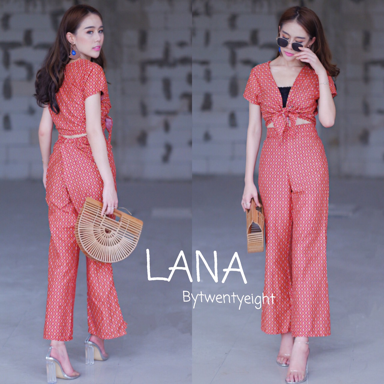 set 2 ชิ้น เสื้อผูกเอว กับ กางเกงขาม้า