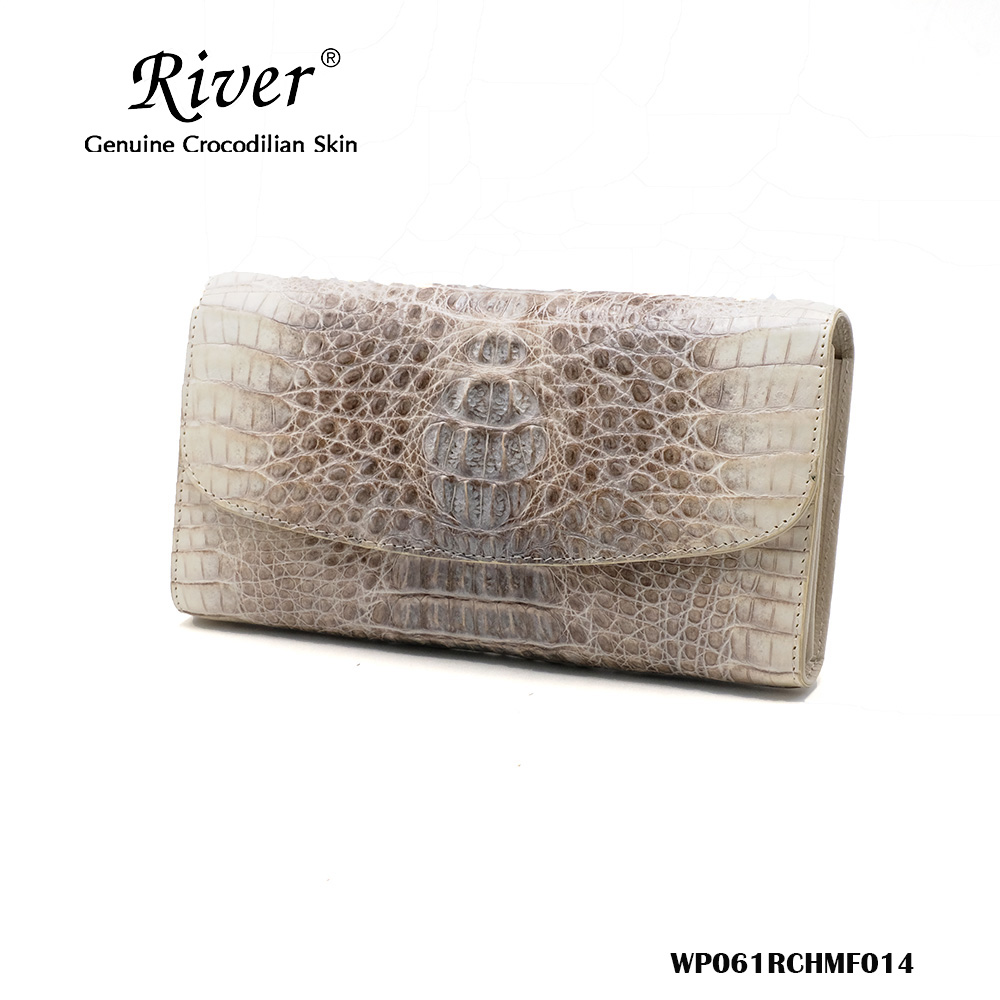 กระเป๋าสตางค์หนังจระเข้แท้ ส่วนโหนก สีขาวครีม 3พับยาว
