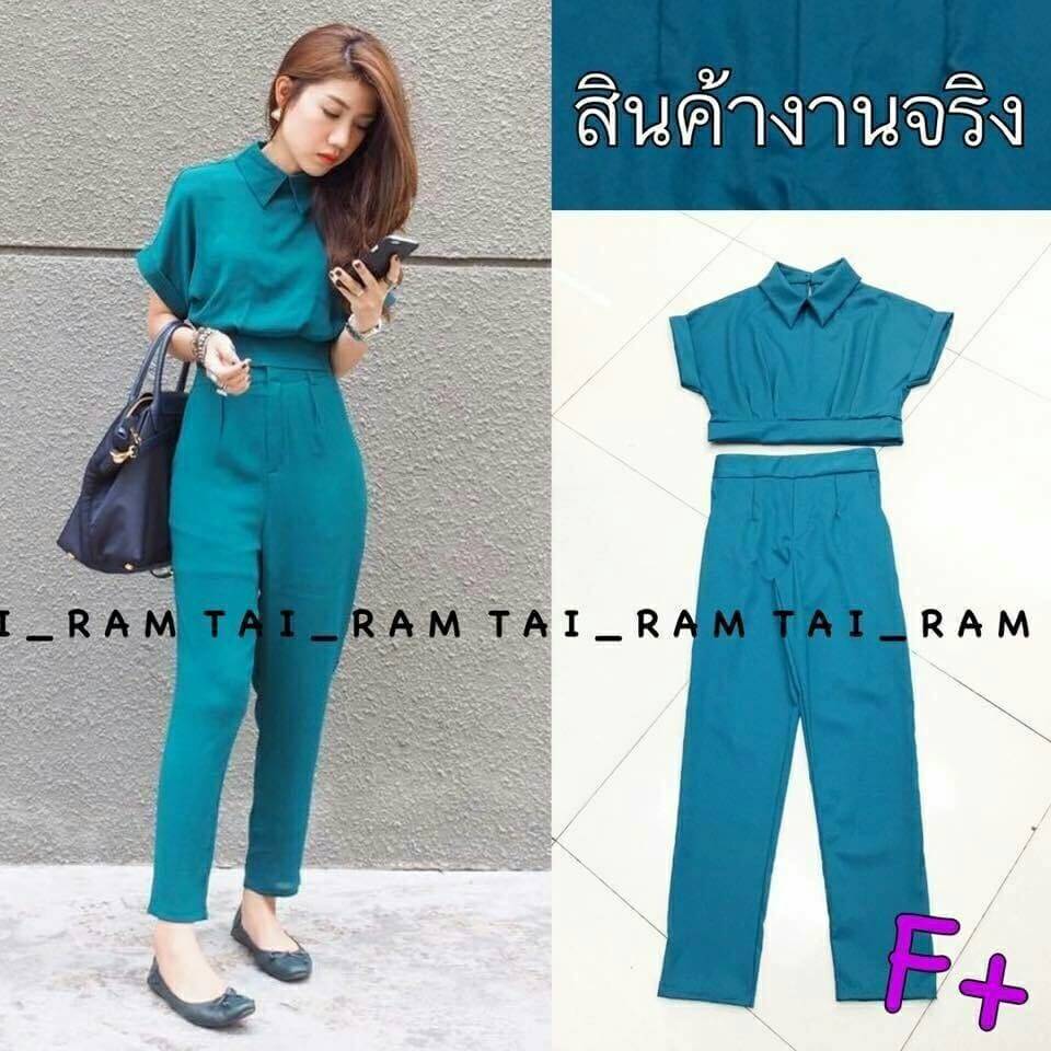 Set 2ชิ้น ผ้านิ่มๆสวยมาก เสื้อครอปจั้มเอว คอปก แขนเบิ้ล ทรงสวยมว้าก พร้อมกางเกงขายาว เอวยืดสม๊อคหลัง