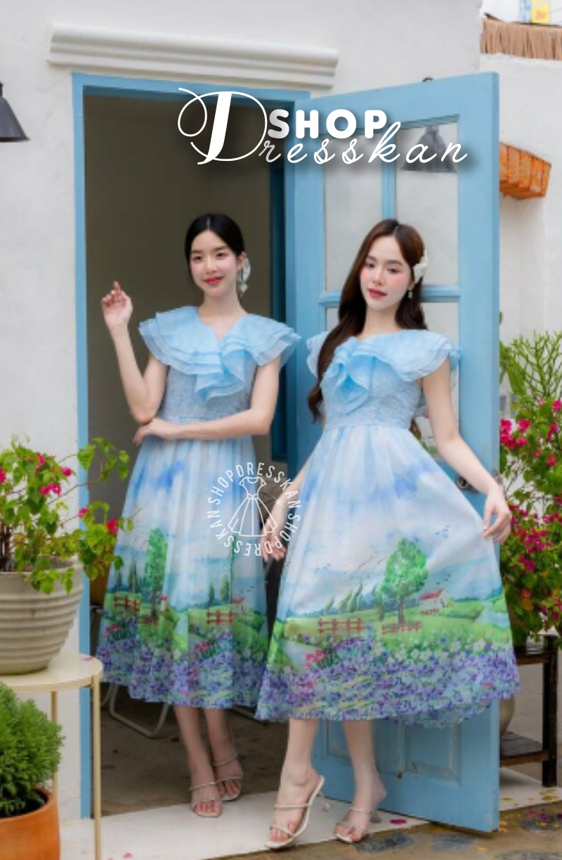 ❌หมดทุกไซส์ค่ะ❌:: ชุดเดรสแฟชั่นยาวงานป้ายคุณภาพ⭐[ S-M-L-XL ] :: ชุดเดรสยาวผ้าออแกนดี้พิมพ์ลายเชิงเนื้อดี ดีเทลคอระบาบเลเยอร์3ชั้น ซิปซ่อนหลัง บุซับในอย่างดี ใส่สวยได้หลายโอกาส