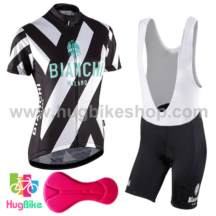 ชุดจักรยานผู้หญิงแขนสั้นขาสั้น Bianchi 17 (03) สีดำลายขาว กางเกงเอี๊ยม