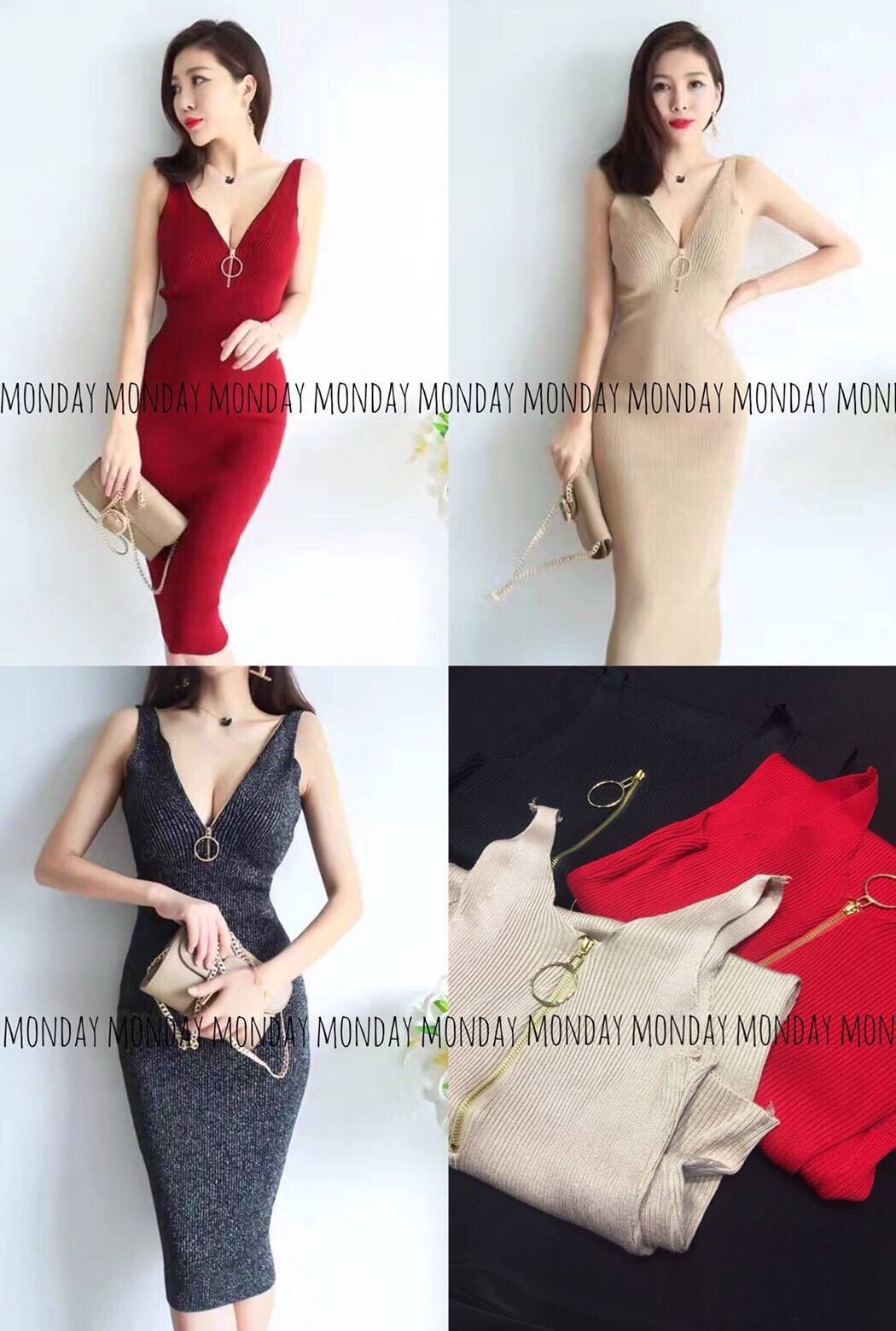 เดรสไหมพรม แต่งคอวี ซิปทอง