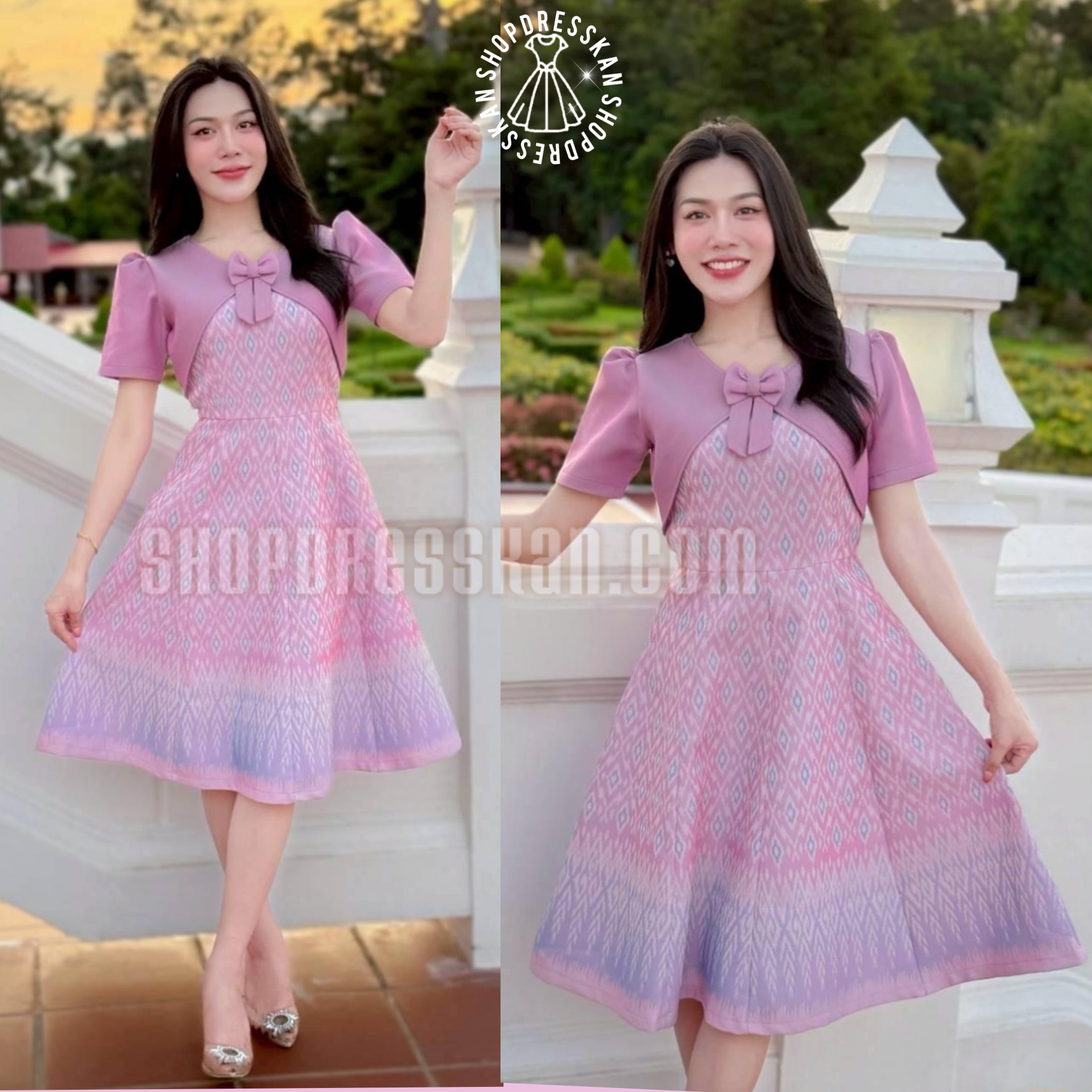 ✔️พร้อมส่ง : [ XS-S-M-L-XL-2XL] :: ชุดเดรสผ้ามัดหมี่ทอลายไทย ดีเทลสไตล์กั๊ก แต่งโบว์น่ารัก กระโปรงทรงบาน8ชิ้น ซิปซ่อนหลัง งานอัดกาวทั้งชุด ใส่ทำงาน ใส่ออกงานสวยๆ