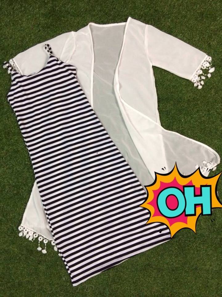 แซกลายริ้วสายเดี่ยว มาคู่กับเสื้อคุมชายฟรุ้งฟริ้ง