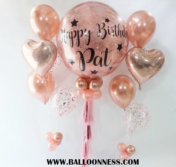 เซทลูกโป่งวันเกิดกลิตเตอร์ ขนาด36นิ้ว+ช่อ5ลูก2ช่อ โทนโรสโกล / Set Gitter Balloon 36" + 2bunch Rose Gold tone