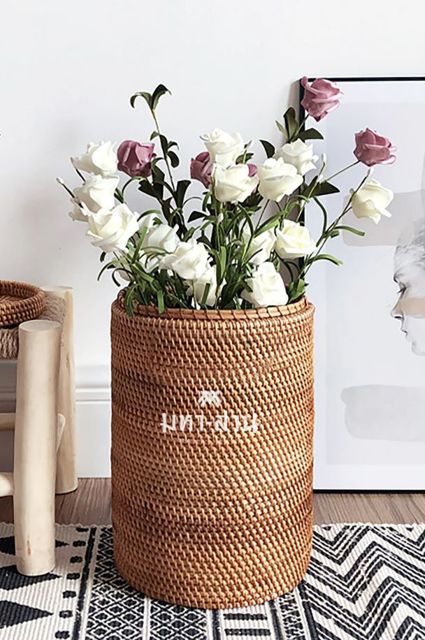 ตะกร้าผ้า เก็บของ กระถางต้นไม้ ถังฝาปิด พร็อพถ่ายรูป rattan tray🧺