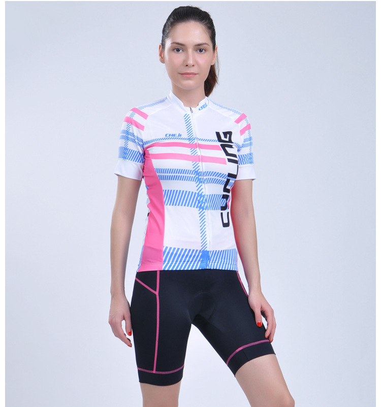 ชุดจักรยานผู้หญิงแขนสั้นขาสั้น CheJi 15 (03) สีขาวลายฟ้าชมพู