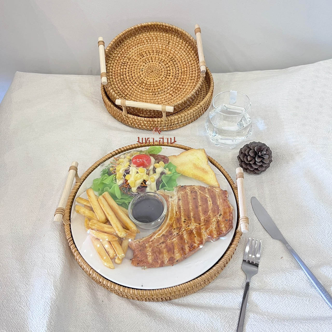 ถาดหวาย กระจาดสานหวาย ทรงกลม มีหูหิ้ว rattan tray🤎