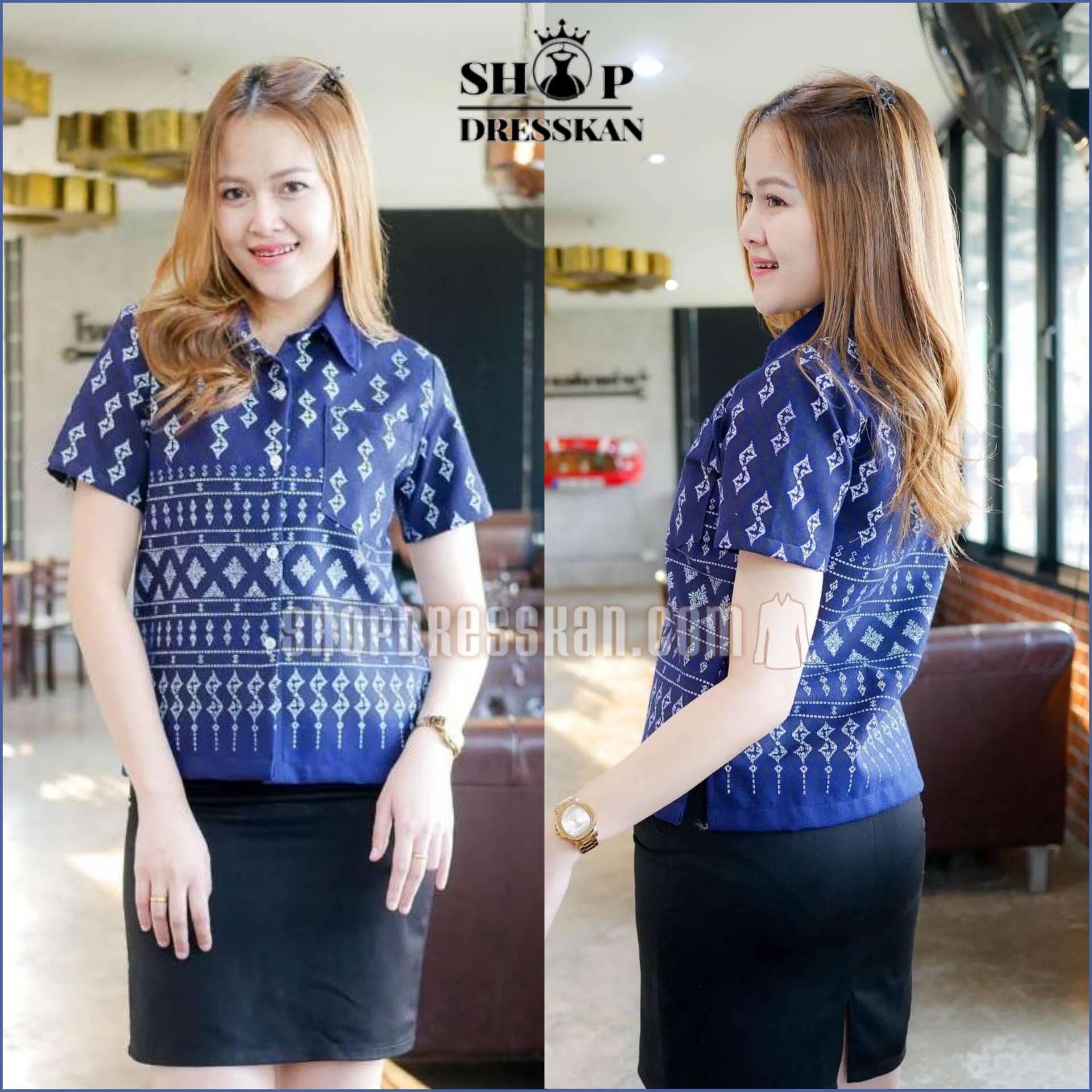 👚พร้อมส่ง : [ อก 36",38",40",42",44,"46""] :: เสื้อเชิร์ตผู้หญิง อัดกาวทั้งตัว ผ้าคอตตอนเนื้อดีพิมพ์ลายไทยขอ คอปกเชิร์ต กระดุมหน้า จะใส่แมทซ์กับกางเกงหรือกระโปรง สไตล์ไหนก็ดูดีลงตัว ใส่ทำงาน ใส่ออกงาน สวมใส่ได้ทุ