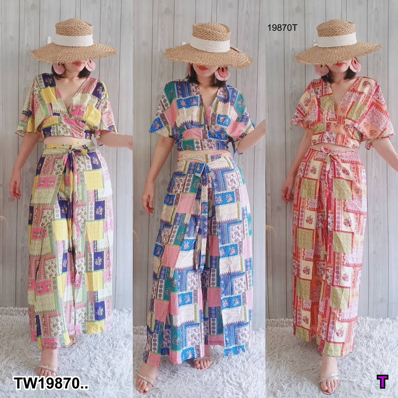 set2ชิ้น เสื้อครอปกับกางเกงผ้าไหมอินเดีย