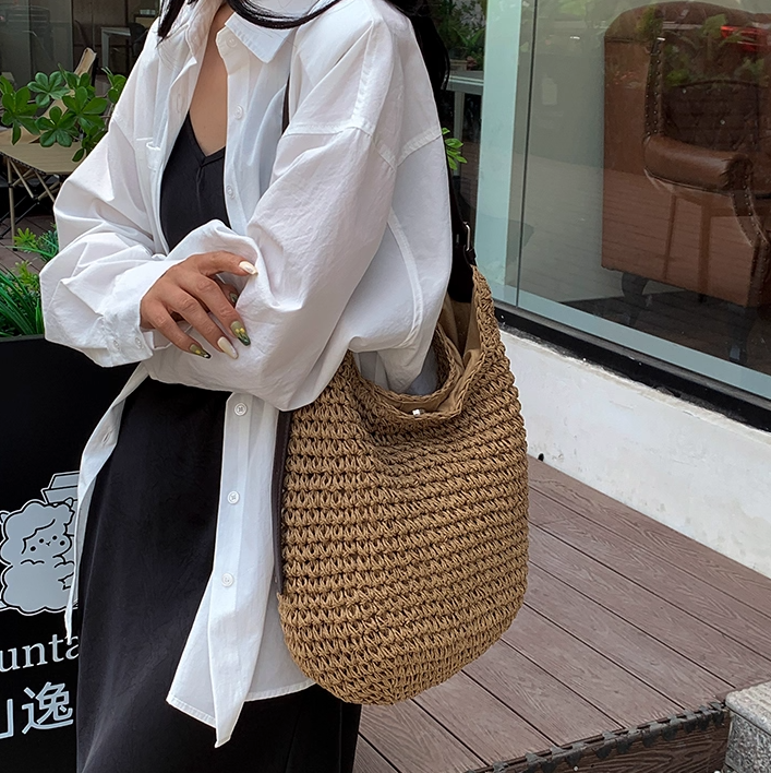 กระเป๋าสานเกาหลี สะพายสายหนัง แฟชั่นมินิมอล สายปรับได้🎐