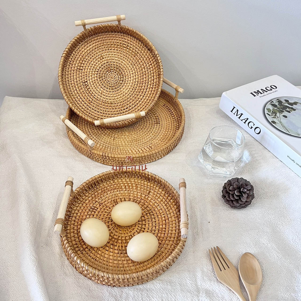 ถาดหวาย กระจาดสานหวาย ทรงกลม มีหูหิ้ว rattan tray🤎