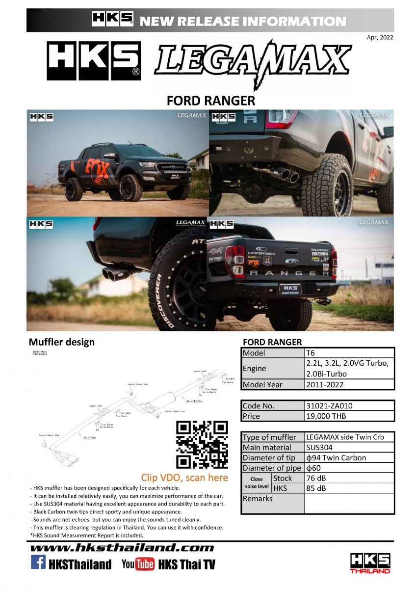 ท่อ HKS LEGAMAX SIDE MUFFLER TWIN CARBON (ZA010) FORD RANGER 2011-2022