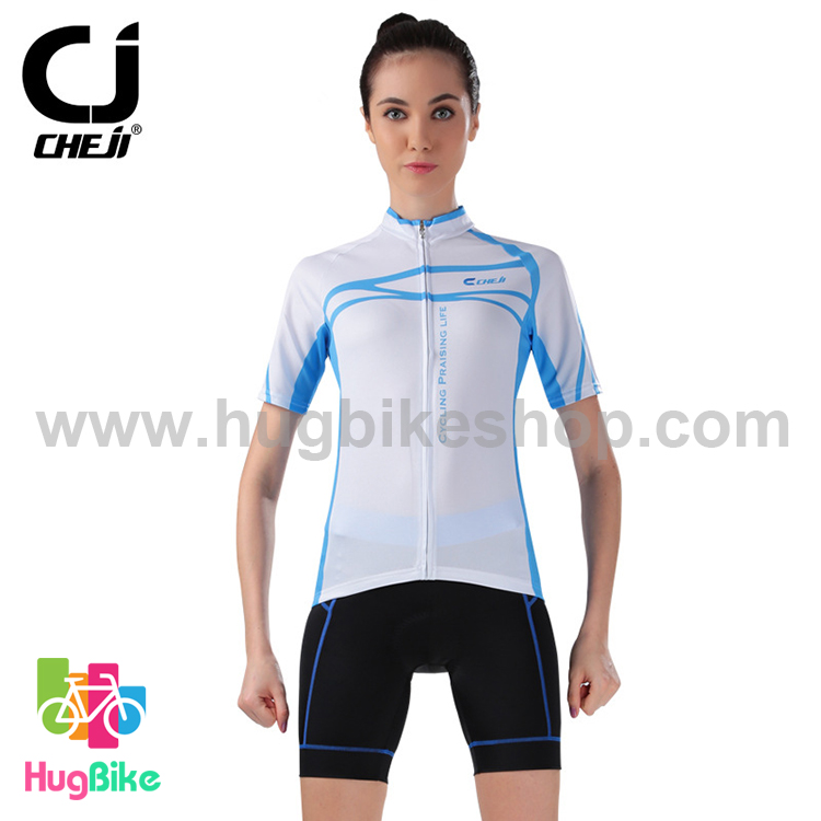 ชุดจักรยานผู้หญิงแขนสั้นขาสั้น CheJi 14 (03) สีขาวลายเส้นฟ้า