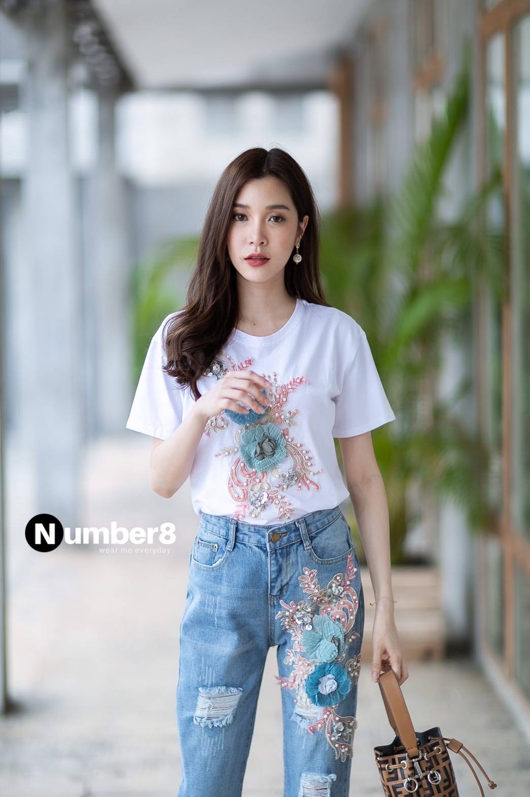 set เสื้อกับกางเกง ปักลายดอกไม้