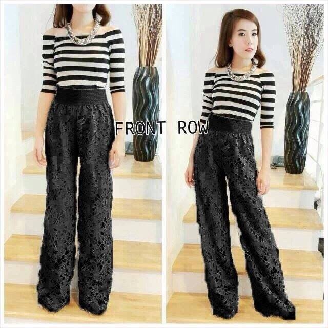 Set 2 ชิ้น เสื้อลายริ้วผ้าคอตตอน + กางเกงลูกไม้