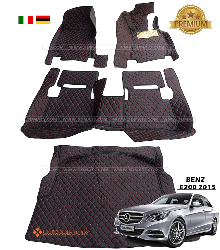พรมปูพื้นรถยนต์ 6D BENZ E200 2010-15 W212 สีดำด้ายแดง +แผ่นท้าย (4ชิ้น) เต็มคัน
