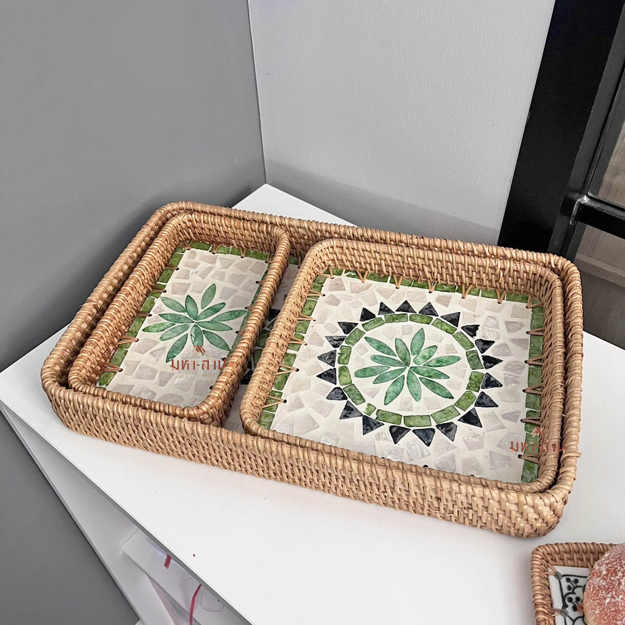 ถาดหวาย ถาดใส่อาหาร พร็อพถ่ายรูป rattan mosaic tray💚