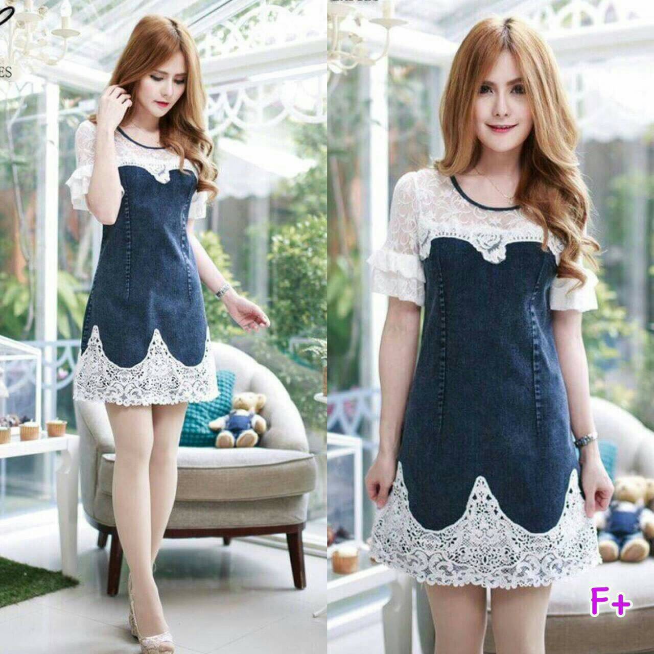 เดรสน่ารักๆๆผ้ายีนส์เทียมอย่างดี แต่งลูกไม้