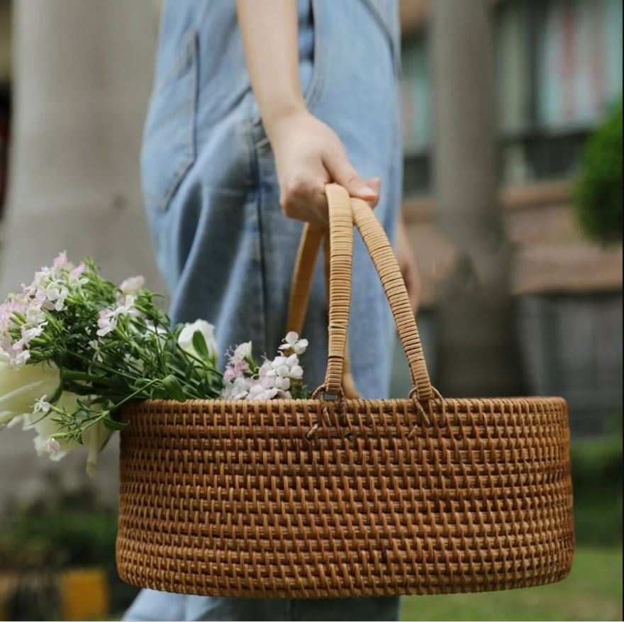 ตะกร้าปิคนิค ตะกร้าหวายหูหิ้ว กระเช้าของขวัญ พร็อพถ่ายรูป Rattanly Tray💕